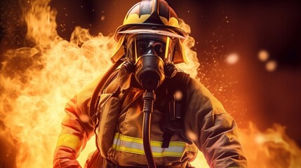 Fireman portrait wearing fire protective suite for safety on the fire background created with Generative AI technology