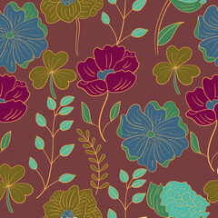 Botanical seamless floral pattern with greenery elements on purple background
