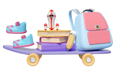 3d skateboard with back to school  ,backpack, textbook, sneakers, shoes, school bag, pencil, rocket icon isolated. education concept, 3d render illustration