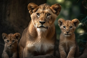 Obraz na płótnie Canvas Lioness with lion cubs. Generative AI.
