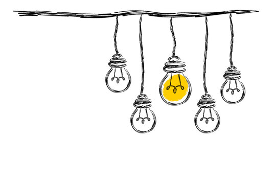 Illustration of a group of light bulbs hanging from a wire, vintage line drawing or engraving illustration.