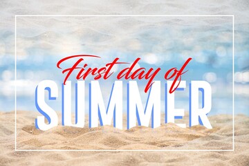 First day of Summer, Summertime season background with hand lettering and Summer orange leaves and flower for business