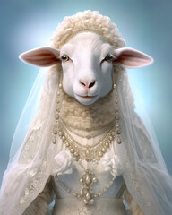 Sheep animal as a beautiful bride in veil, Generative AI