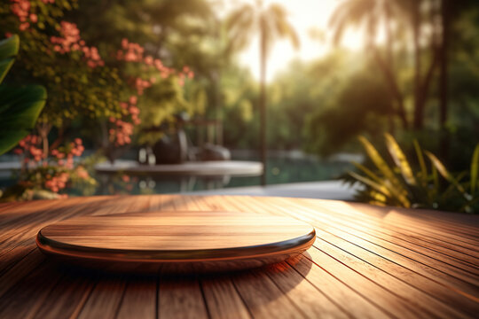 Wooden table in front of blurred tropical background, Generative AI