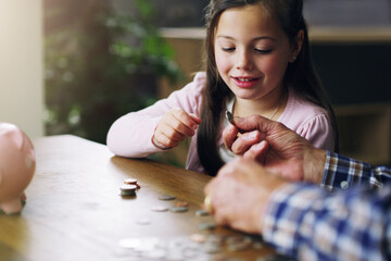 Money, piggy bank and coins with child and grandfather for savings, investment and learning....