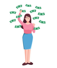 woman standing under money rain banknotes falling