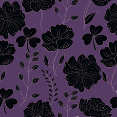 Seamless floral pattern with black floral elements on a purple background