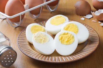 Slice boiled eggs on the table