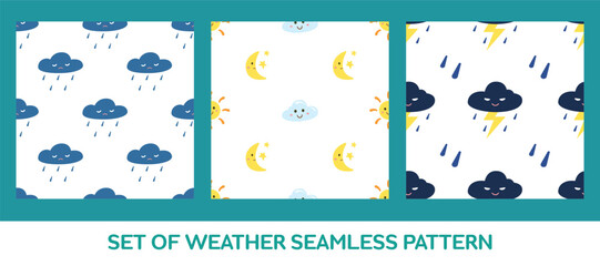 set of cute weather seamless pattern background