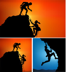 Hikers climbing up mountain. Silhouette of helping hand between two climber. couple hiking help each other silhouette in mountains with sunlight.