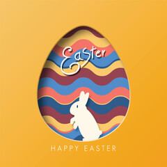 Happy easter greeting card template. Colorful paper cut rabbit egg card.