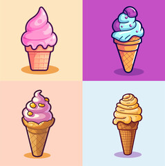 Ice Cream Cone Cartoon Set Vector Flat Illustration