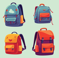 Kids Schoolbag set Colortful School Backpacks Hand Drawn Vector Cartoon Illustration - obrazy, fototapety, plakaty