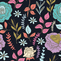 Floral seamless pattern of flowers and leaves with purple, pink, and green floral elements on a dark background