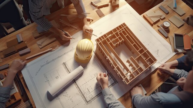 Team of engineers and architects, working team, meeting, Generative discussing construction and drawing construction plans, printing, writing on-site construction sites. Home design concept.