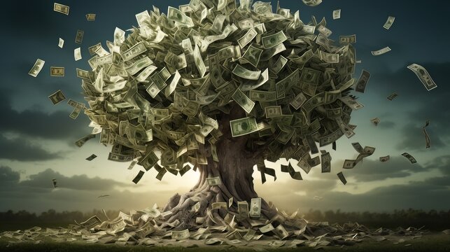 Money tree concept with dollar bills flying off the tree., Generative Ai.
