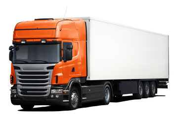 A modern European truck with a orange cab, black plastic bumper and a full white semi-trailer. Front side view isolated on white background.