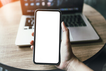 Women's hands holding cell telephone blank copy space screen. smartphone with blank white screen isolated on white background . smart phone with technology concept