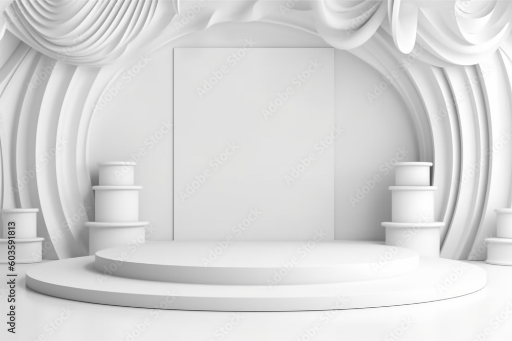 Poster white 3d rendering stand display isolated on gray background abstract in luxury studio room wall.