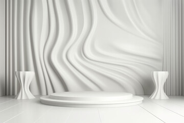 White 3d rendering stand display isolated on gray background abstract in luxury studio room for pedestal winner. Generative Ai.