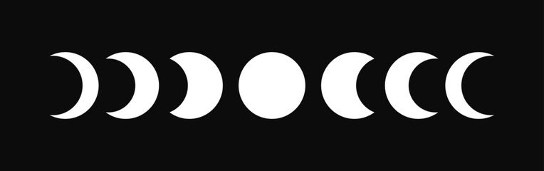 Moon phases astronomy icon silhouette symbol set. Full moon and crescent sign logo. Vector illustration. Isolated on Black background.