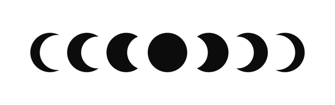 Moon phases astronomy icon silhouette symbol set. Full moon and crescent sign logo. Vector illustration. Isolated on White background.
