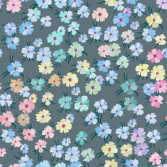 Vector seamless pattern with lots of small flowers of different colors on a gray-green background.