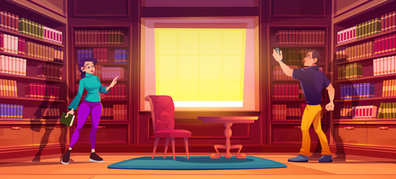 Cartoon man and woman choosing books in library. Vector illustration of female and male characters in large room with wooden bookshelves, vintage table and chair. Literature club. Reading hobby