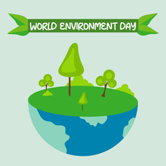 World Environment Day Vector illustration Green Background with Globe, Flowers & Leaf