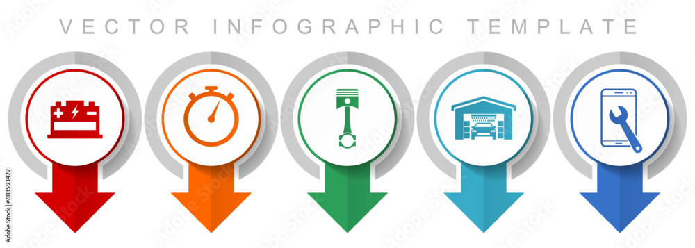 Poster Workshop icon set, miscellaneous pointer icons such as battery, timer, piston, car cleaning and phone service for webdesign and mobile applications, modern design infographic vector template