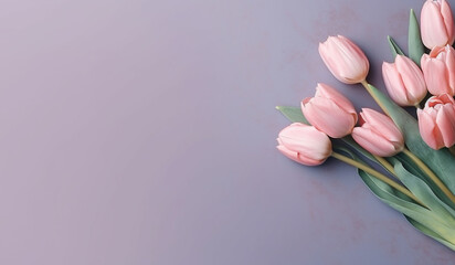 bunch flowers of tulips flatlay with large empty plain pastel background for text mockup generative ai