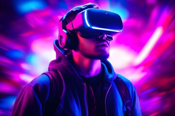 Young man with neon lights wearing VR headset and experiencing virtual reality simulation, metaverse and fantasy world