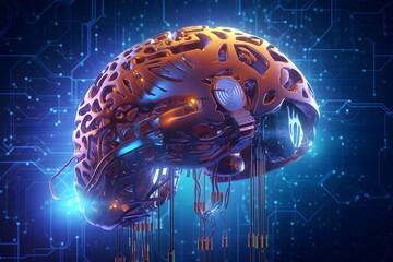 Robotic human brain with detailed circuits. Concept art of artificial intelligence, machine learning, brain power or energy