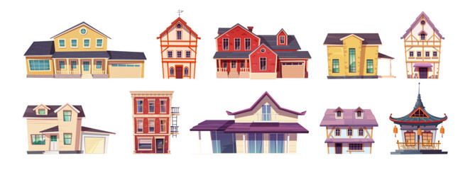Cartoon set of different buildings isolated on white background. Vector illustration of American, European, Asian style architecture, house with garage, traditional Chinese temple, block of flats