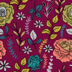 Möbelaufkleber Colorful seamless floral pattern of flowers and leaves on purple background with greenery floral elements © AhmedSherif