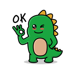 Vector illustration of a cute green dino with a gesture and says ok