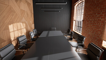 黒い壁と黒い大きなテーブルがある会議室