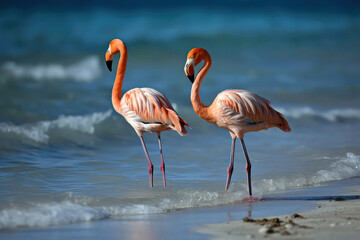 Pair Of Flamingos Enjoying Leisurely Stroll Along The Coastline. Generative AI