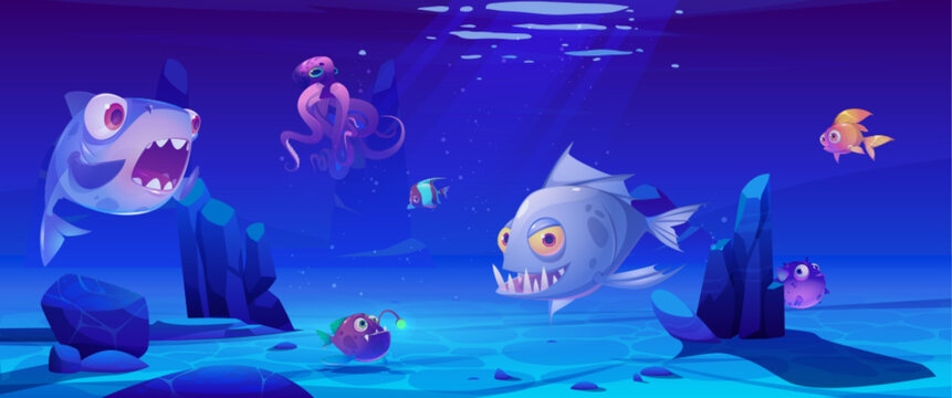 Sea underwater cartoon vector scene with fish. Deep under water illustration with light and swimming goldfish, octopus, shark, piranha and angler. Sunlight refraction on clean seafloor with bubble.