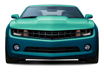 Powerful American muscle car in full blue-green color front view. Isolated on a transparent background.