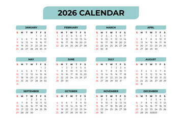 2026 Basic Calendar in White Background