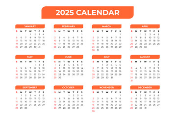 2025 Basic Calendar in White Background