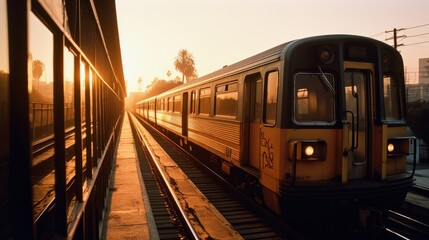 Naklejka premium Los Angeles metro train makes its way into a tunnel as the sun sets on the horizon. Generative AI