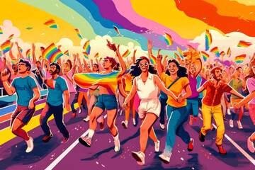 Illustration of the gay pride parade depicting the diversity and joyfulness of the lgbt community - obrazy, fototapety, plakaty