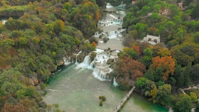 The majestic Krka waterfalls in Croatia, Europe. The drone clip showcases the many levels of cascading waterfalls