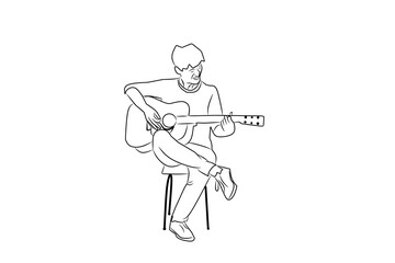 Line drawing of a man playing guitar isolated on white background. Vector illustration.