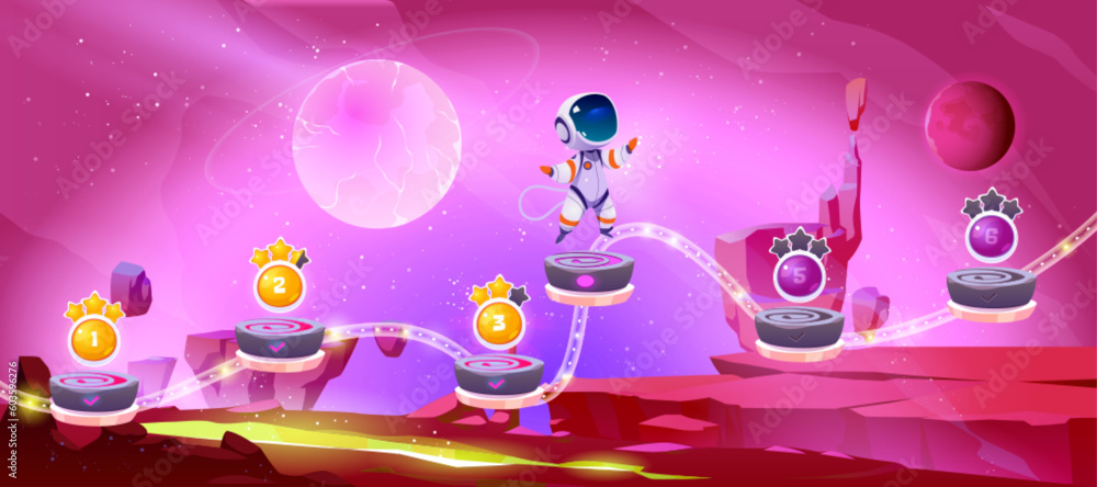 Poster space game ui level map with planet vector screen background. galaxy cartoon illustration with alien