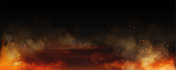 Fire spark overlay with smoke and flame background. Grill heat glow in cloud isolated transparent vector. Realistic flying orange sparkle abstract illustration. Hell bonfire fiery with hot cinder © klyaksun
