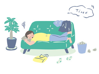 ソファに倒れ込む男性