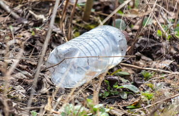 empty plastic bottles lie on the ground in the forest.